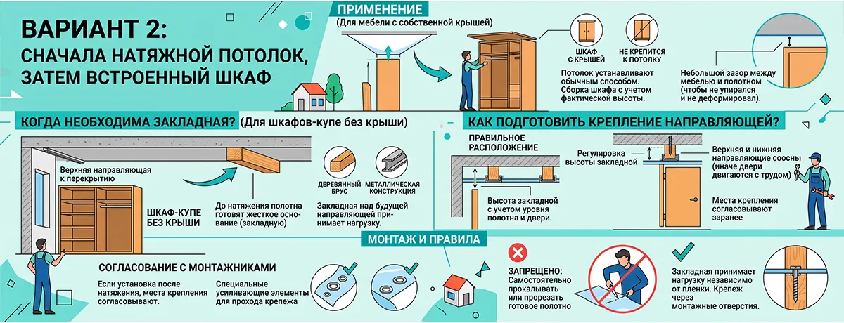 Сначала натяжной потолок, затем встроенный шкаф: вариант устаноки | «СтройАльянс»